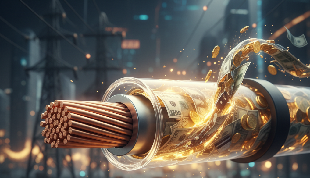 KI-Symbolbild. Geld im Stromkabel.