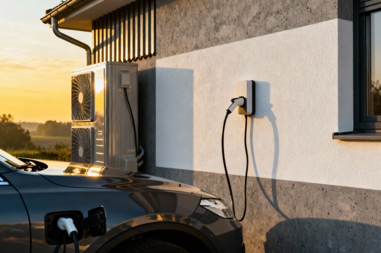 KI-Symbolbild Wärmepumpe und E-Auto im Morgenlicht.
