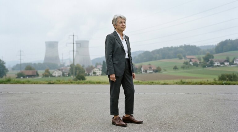 KI Symbolbild - Politikerin in viel zu grossen Schuhen vor AKW