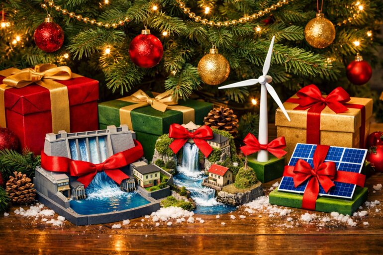 KI-Illustration: Energiegeschenke unter dem Weihnachtsbaum
